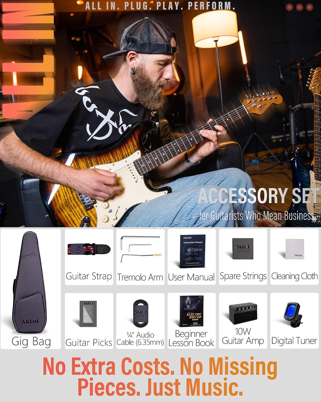 AKLOT Beginner Electric Guitar Kit: 10W Amp, Coil-Split HSS Pickups, Lesson Book, Roasted Maple Neck, Gig Bag, Tuner, Strap, Picks, Stryde Inferno Burst