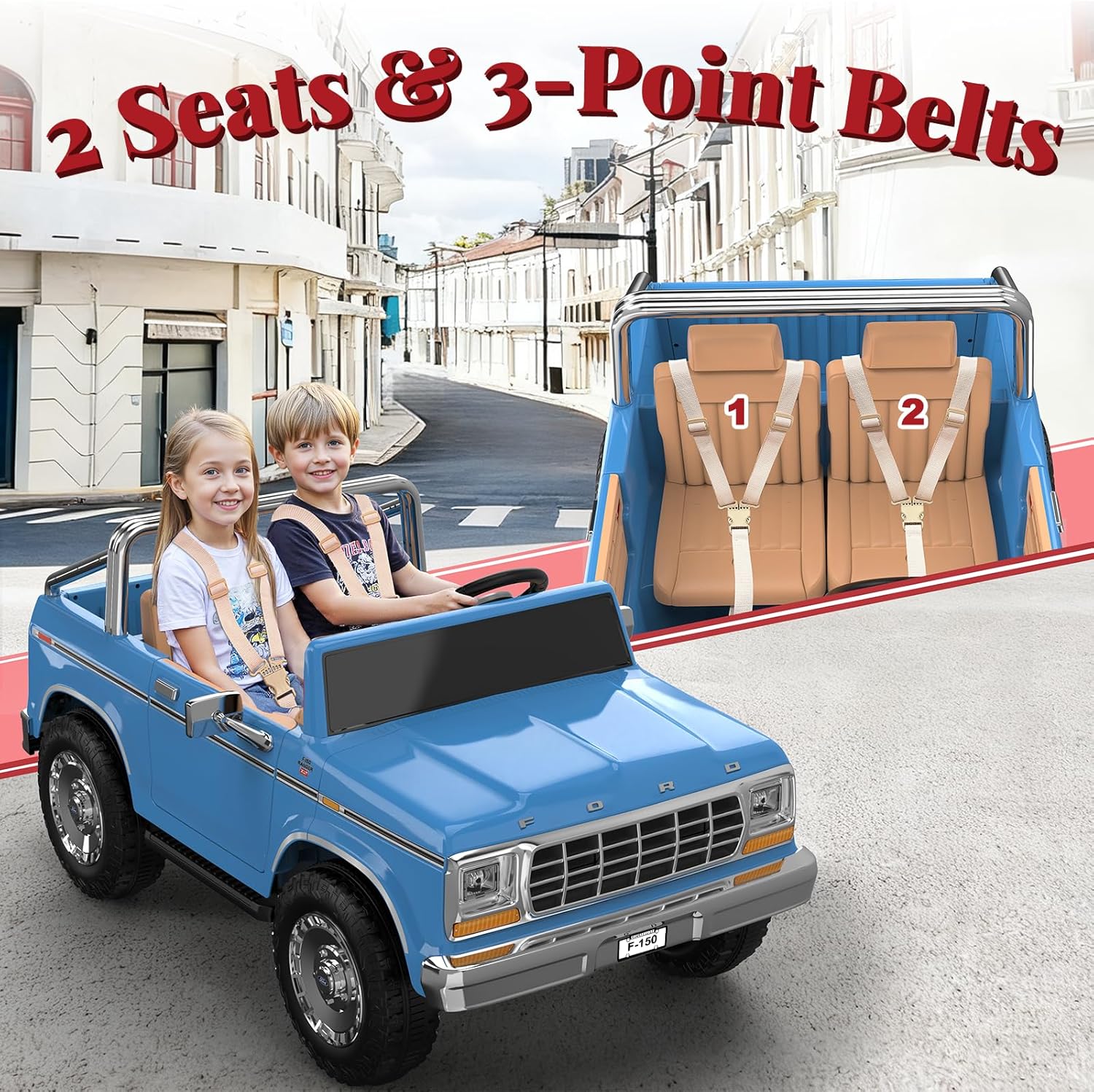 ANPABO Licensed Ford F-150 24V 2 Seater Ride on Car for Kids, 4x100W Motors for All-Terrain Electric Car with Parental Remote, Retro Style, 3-Speeds, Large Storage Box, Music Player, Aged 3-8, Blue