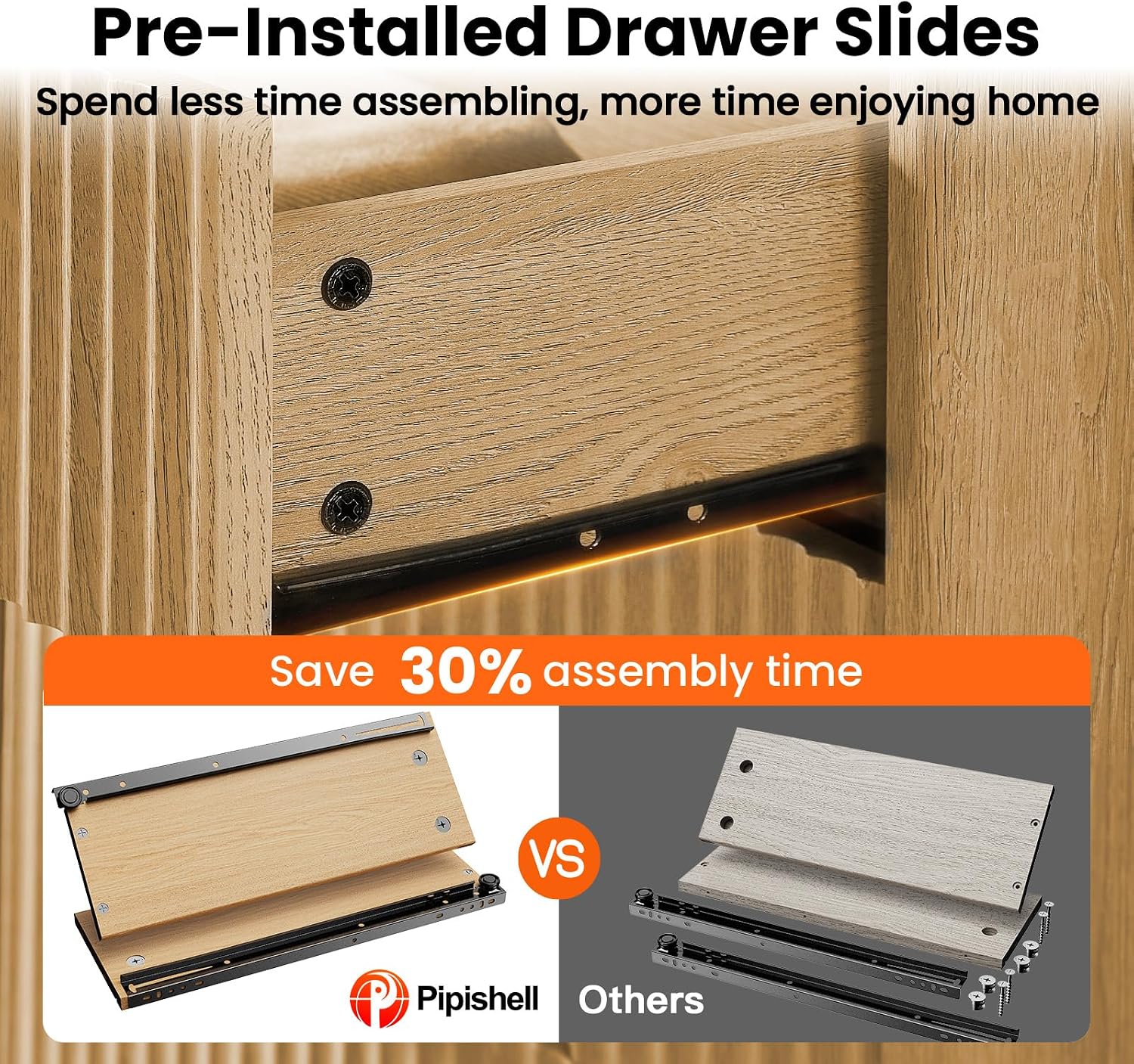 Pipishell Dresser for Bedroom, Fluted 5 Drawers Dresser, 40' Tall Modern Chest of Drawer with Round Edge & Pre-Installed Drawer Slides, Natural Wood Drawer Organizer for Bedroom, Hallway, Natural Oak