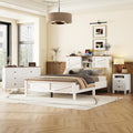 SOFTSEA 3 Piece Farmhouse Bedroom Set, Queen Size Platform Bed with Storage Headboard and Charging Station, Dresser and Storage Nightstand, Wood Bed Frame Set, White+Brown