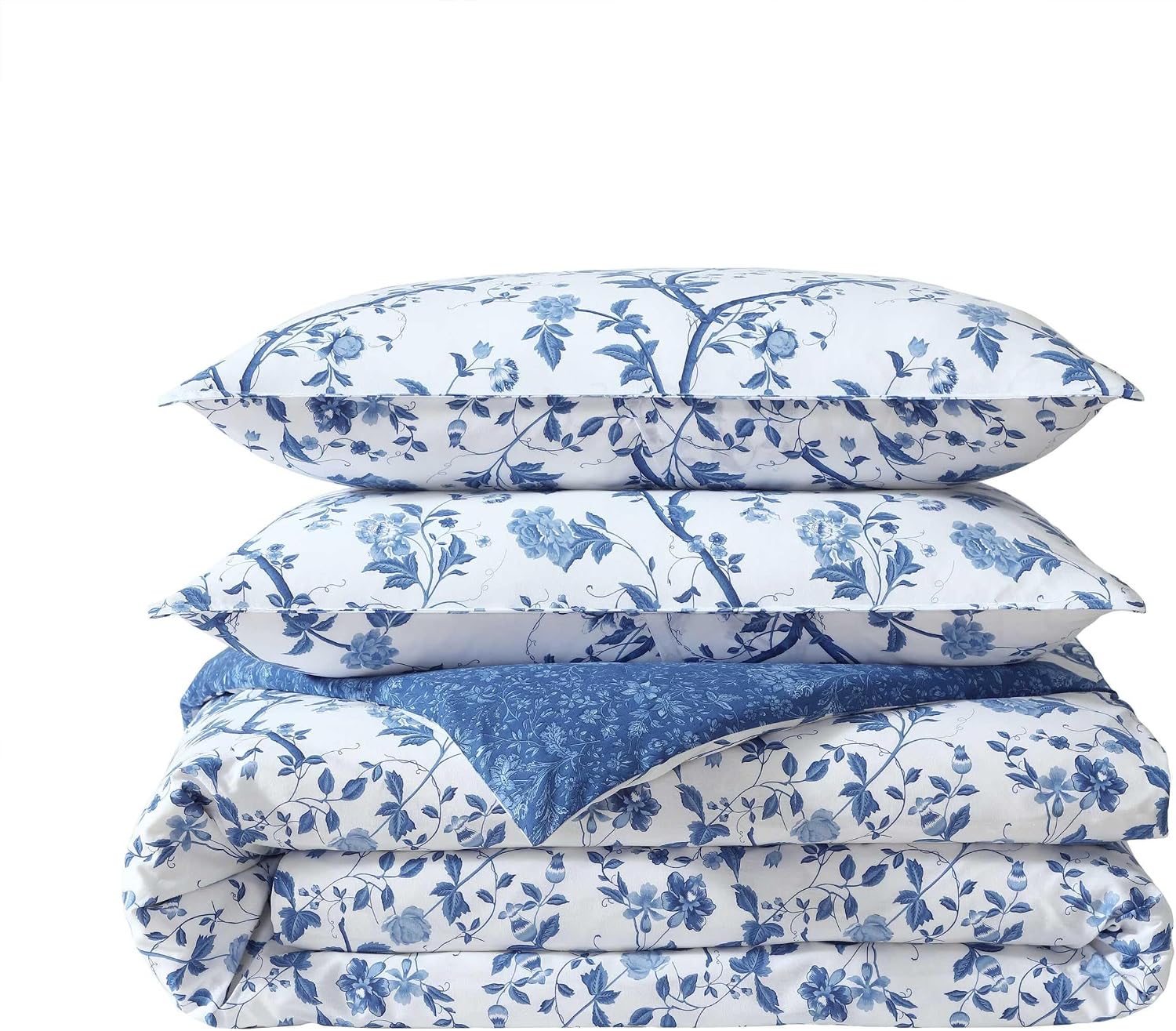 Laura Ashley - King Comforter Set, Reversible Cotton Bedding, Includes Matching Shams with Bonus Euro Shams & Throw Pills (Elise Blue, King)