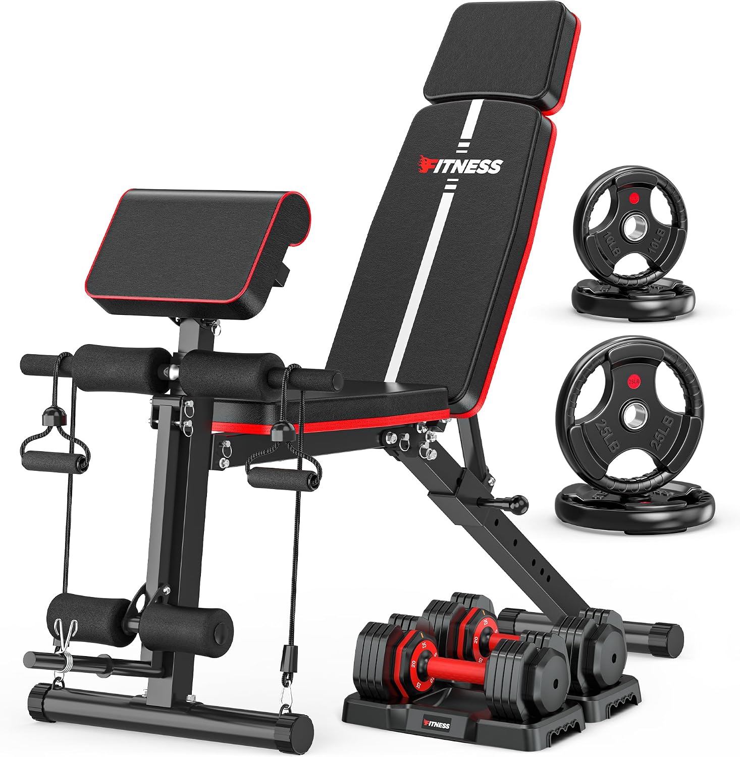 Adjustable Weight Bench Workout Bench with 50lb(25lb*2) Adjustable Dumbbell & 70lb(10lb*2+25lb*2) Weight Plates