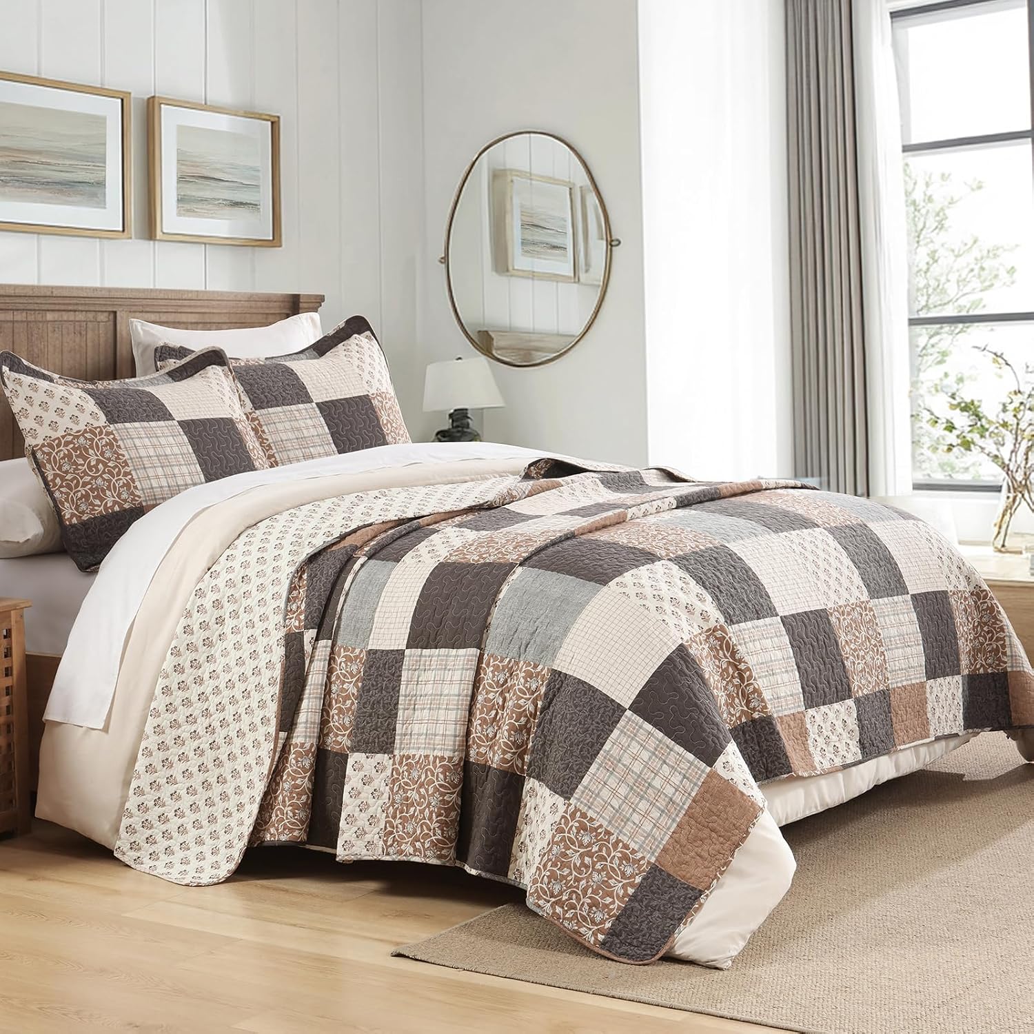 KALOOLA 100% Cotton Quilt Set King Size - Farmhouse Printed Patchwork Bedspread with 2 Pillow Shams, Reversible Plaid Botanical Bedding Coverlet for All Season, 3 Pieces, Brown/Charcoal/Gray