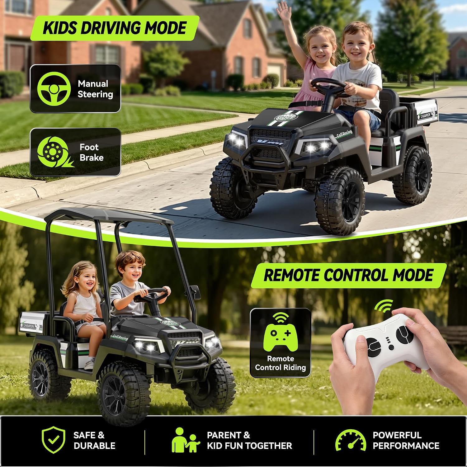 24V KidsGolf Cart w/Detachable Awning–4WD 2 Seater Ride on Car w/Large Storage Trunk, Remote Control, 3 Speeds, Music Player, LED Lights, Ride On Toys, Gift for Kids Ages 3-8(Black）