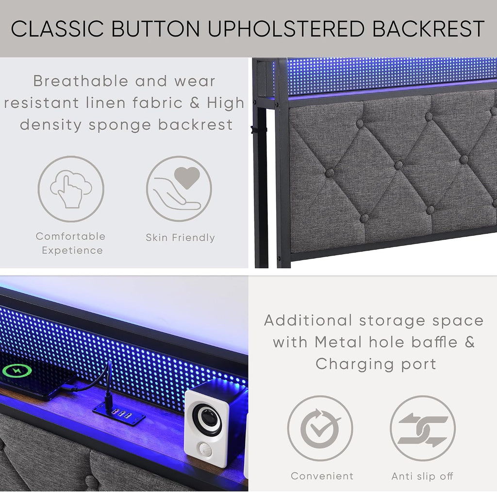 Full Size Bed Frames with Storage Headboard, LED Platform Bed Frame Full Size, Upholstered Bed Frame with Charging Station, No Box Spring Needed, Easy Assembly,Dark Gray