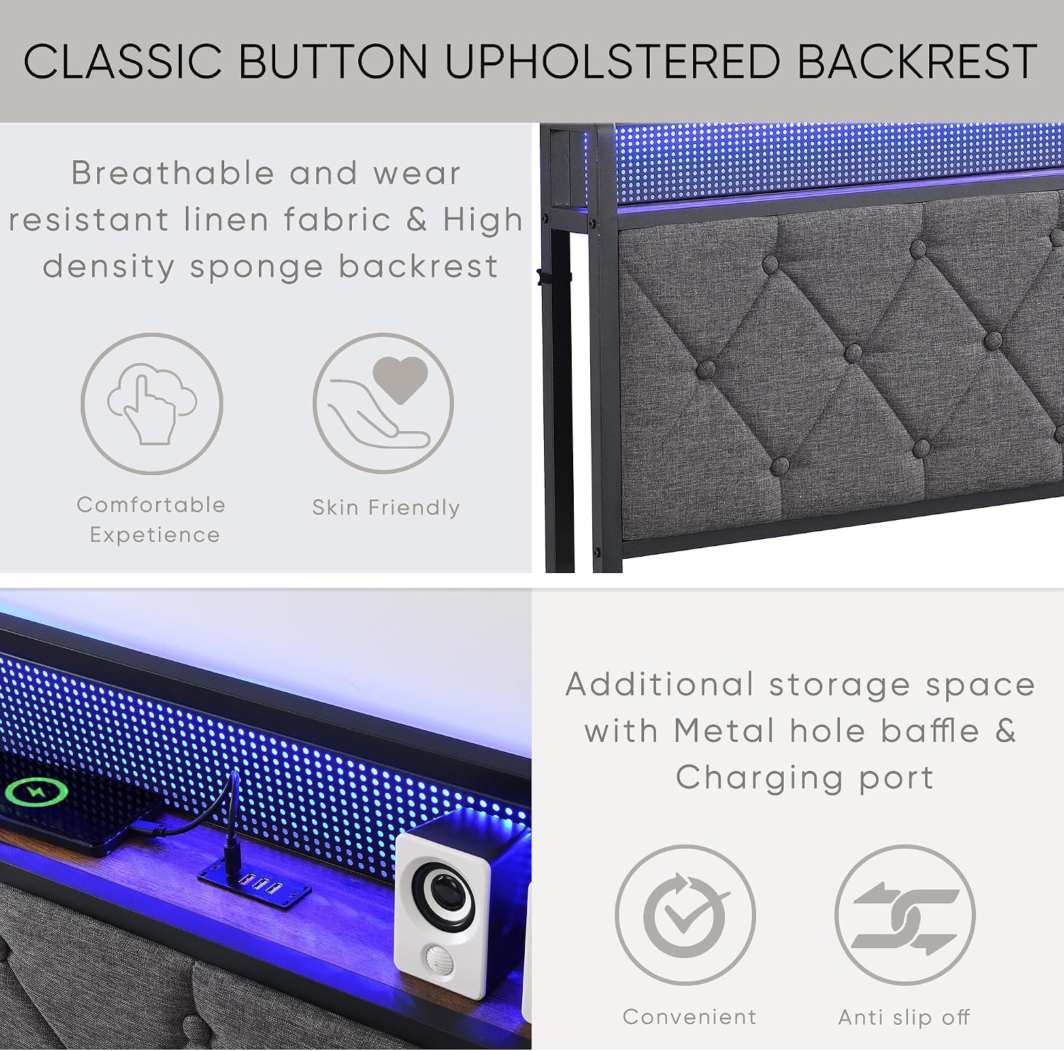 Full Size Bed Frames with Storage Headboard, LED Platform Bed Frame Full Size, Upholstered Bed Frame with Charging Station, No Box Spring Needed, Easy Assembly,Dark Gray