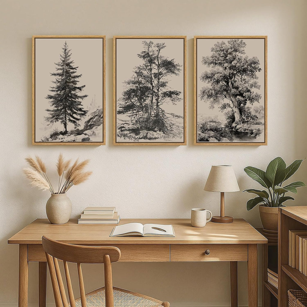 Large Framed Vintage Wall Art for Living Room, 3 Piece Tree Forest Artwork for Walls, Classic Rustic Sketch Canvas Paintings Prints for Office Hallway Wall Decor, 24x36 Inch