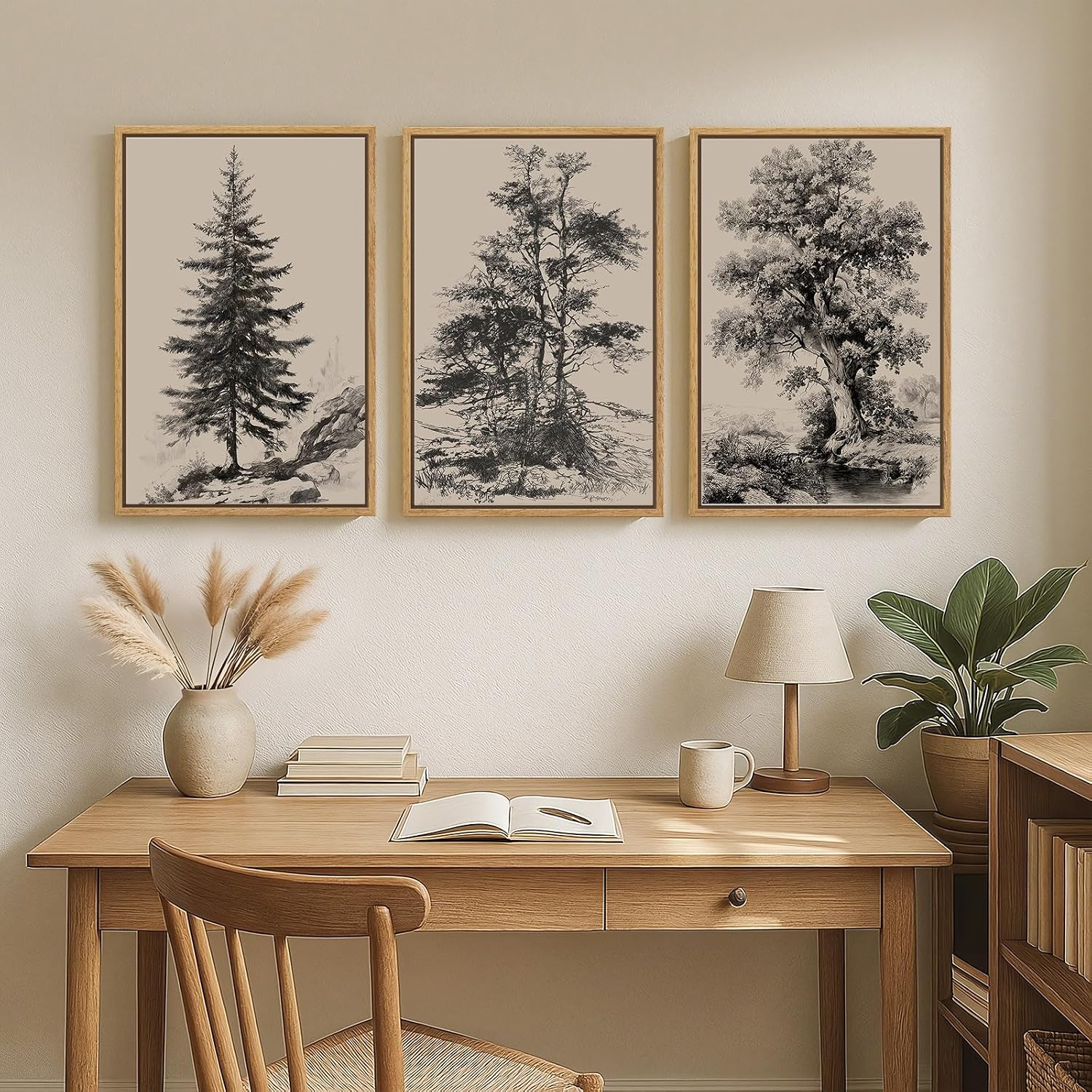 Large Framed Vintage Wall Art for Living Room, 3 Piece Tree Forest Artwork for Walls, Classic Rustic Sketch Canvas Paintings Prints for Office Hallway Wall Decor, 24x36 Inch