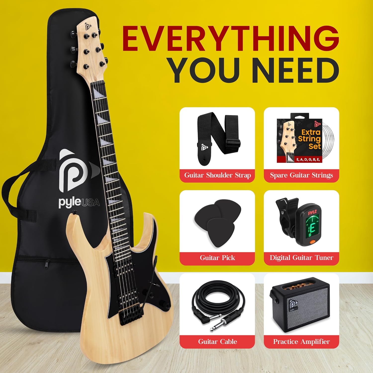 Pyle Prog Rock EG Series Electric Guitar with Amp Kit, 39' Full Size with Dual Humbucker Pickups, Low Profile Neck and Solid Paulownia Body, Premium Accessory Kit Included (Prog Rock, Natural)