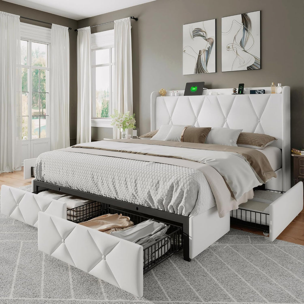Feonase Full Size Bed Frame with 4 Storage Drawers, Velvet Upholstered Platform Bed with Charging Station, Wingback Storage Headboard, Wooden Slats Support, No Box Spring Needed, Easy Assembly, White