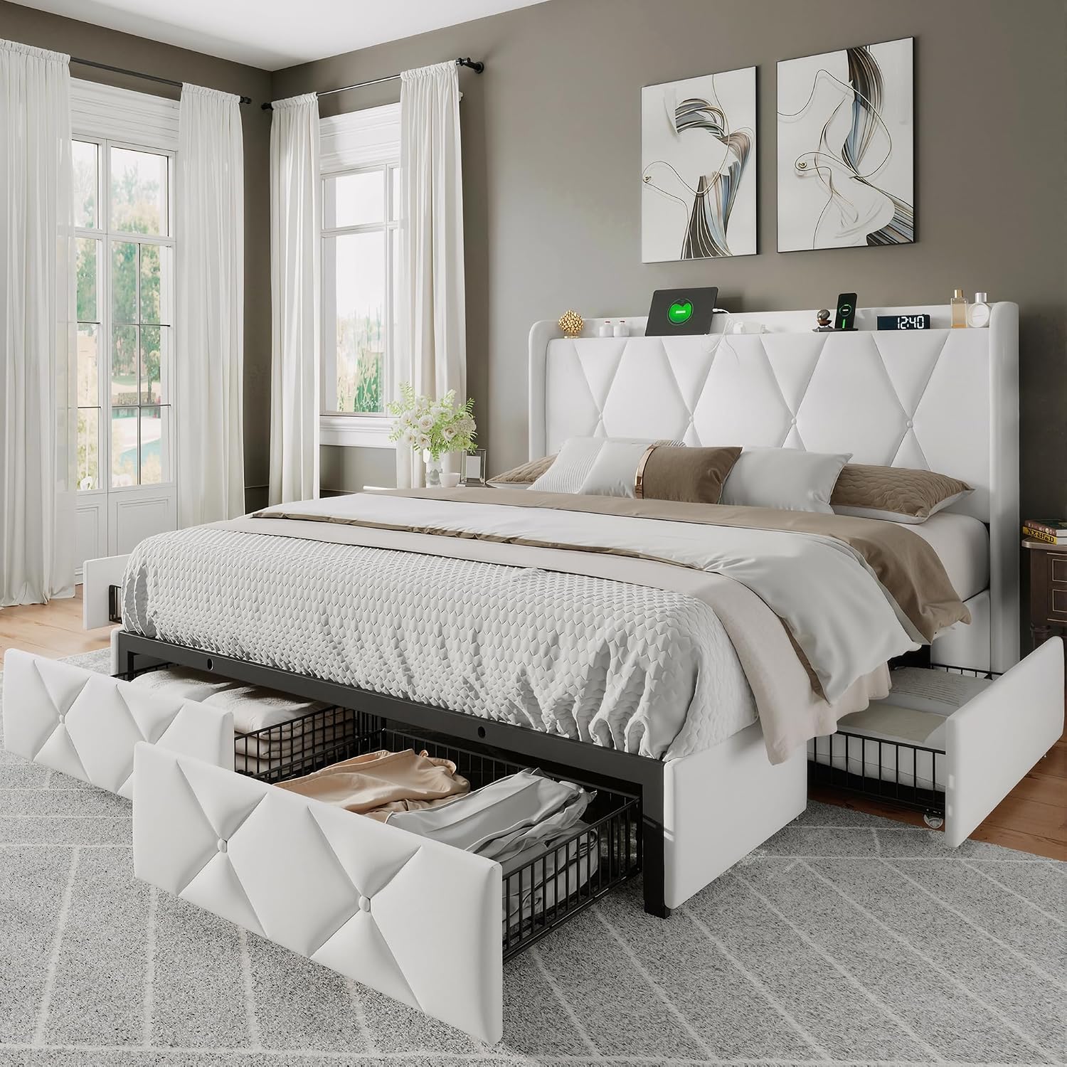 Feonase Full Size Bed Frame with 4 Storage Drawers, Velvet Upholstered Platform Bed with Charging Station, Wingback Storage Headboard, Wooden Slats Support, No Box Spring Needed, Easy Assembly, White