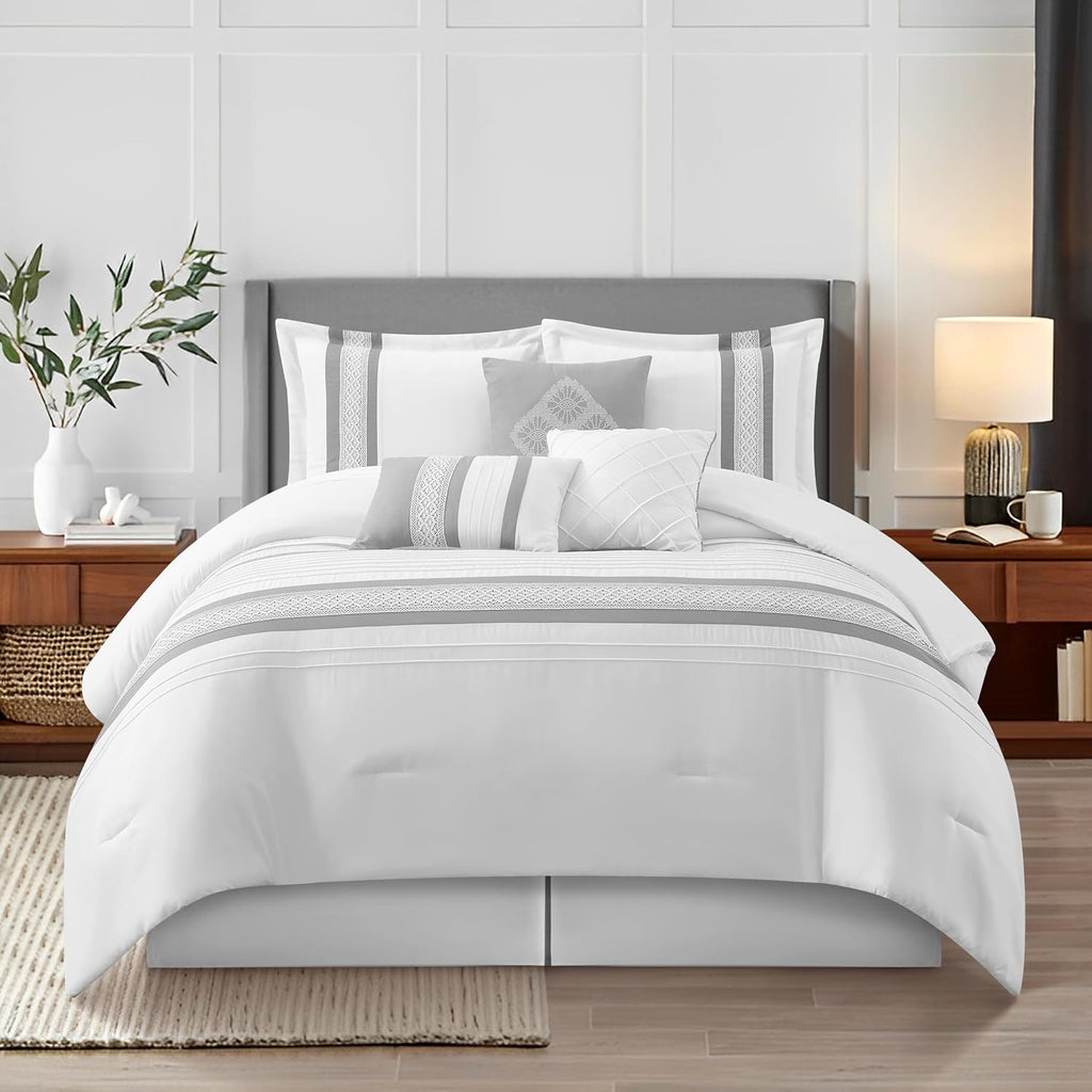 Grand Avenue Striped 7 Piece Grey White Comforter Set, California King Size Microfiber Bedding, All Season Bedding Set, Bed Skirt, Pillows & Shams