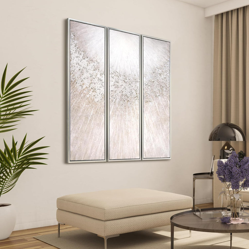 Empire Art Direct Silver Radiant Trio Textured Glitter Hand Painted Framed Canvas Wall Art with Silver Leaf, Ready to Hang, Living Room, Bedroom & Office, 20'x60'x1.5' each