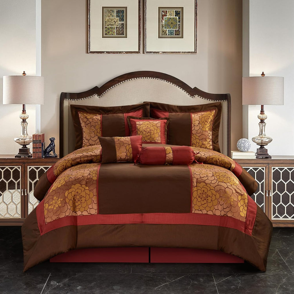 Grand Avenue Red/Brown Cal King Comforter Set, 7 Piece, All Season Premium Bedding Set, Bedskirt, Pillows & Shams, Ultra-Soft