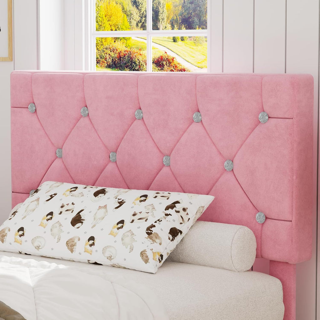 VECELO Twin Size Bed Frame with Diamond Tufted Headboard, Upholstered Platform Bedframe with Wood Slat Support, No Box Spring Needed, Mauve Pink
