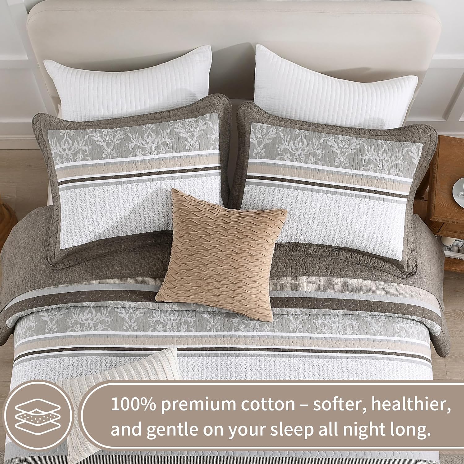 KALOOLA 100% Cotton Quilts Queen Size - Lightweight Quilted Bedding Set 3 Pcs, Farmhouse Printed Striped Bedspread with 2 Pillow Shams, Modern Bed Coverlet for All Season, Dark Brown/Charcoal/Beige