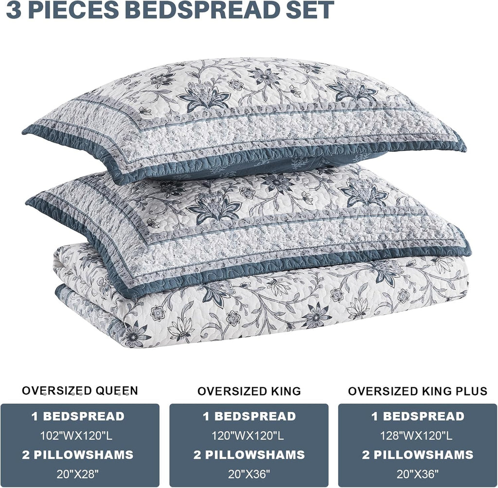 Oversized Queen Bedspreads 120'x102' - 100% Cotton Super King Quilt, Farmhouse Blue Floral Pattern, Extra Large Quilted Coverlet, Lightweight Reversible XL Bedding Set, 3 Pcs