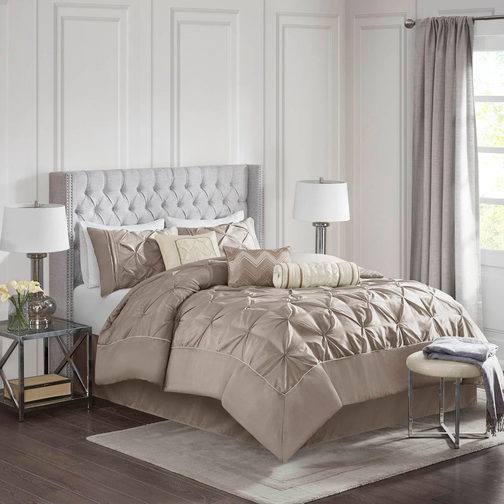 Madison Park Laurel Cozy Comforter Set - Traditional Tufted Faux Silk Design, All Season Down Alternative Bedding with Matching Shams, Decorative Pillow, Taupe Cal King(104'x92') 7 Piece