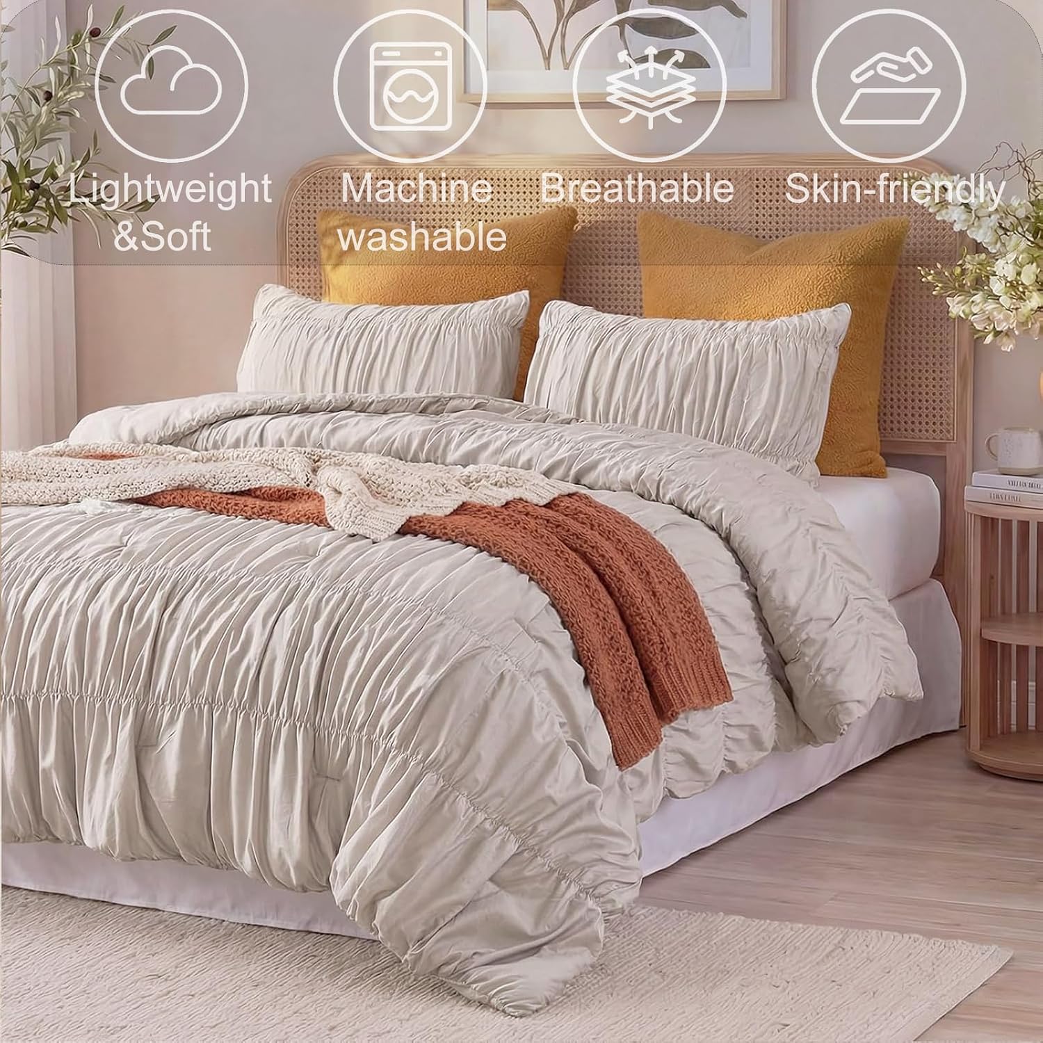 Bedbay Cotton Ruched Comforter for King Size Bed,Breathable Cotton Boho Comforter Set,Shabby Chic Ruffle Bedding Vintage Farmhouse Quilt Set,Soft Durable 3 Pcs Fluffy Comforter Bedroom Decor