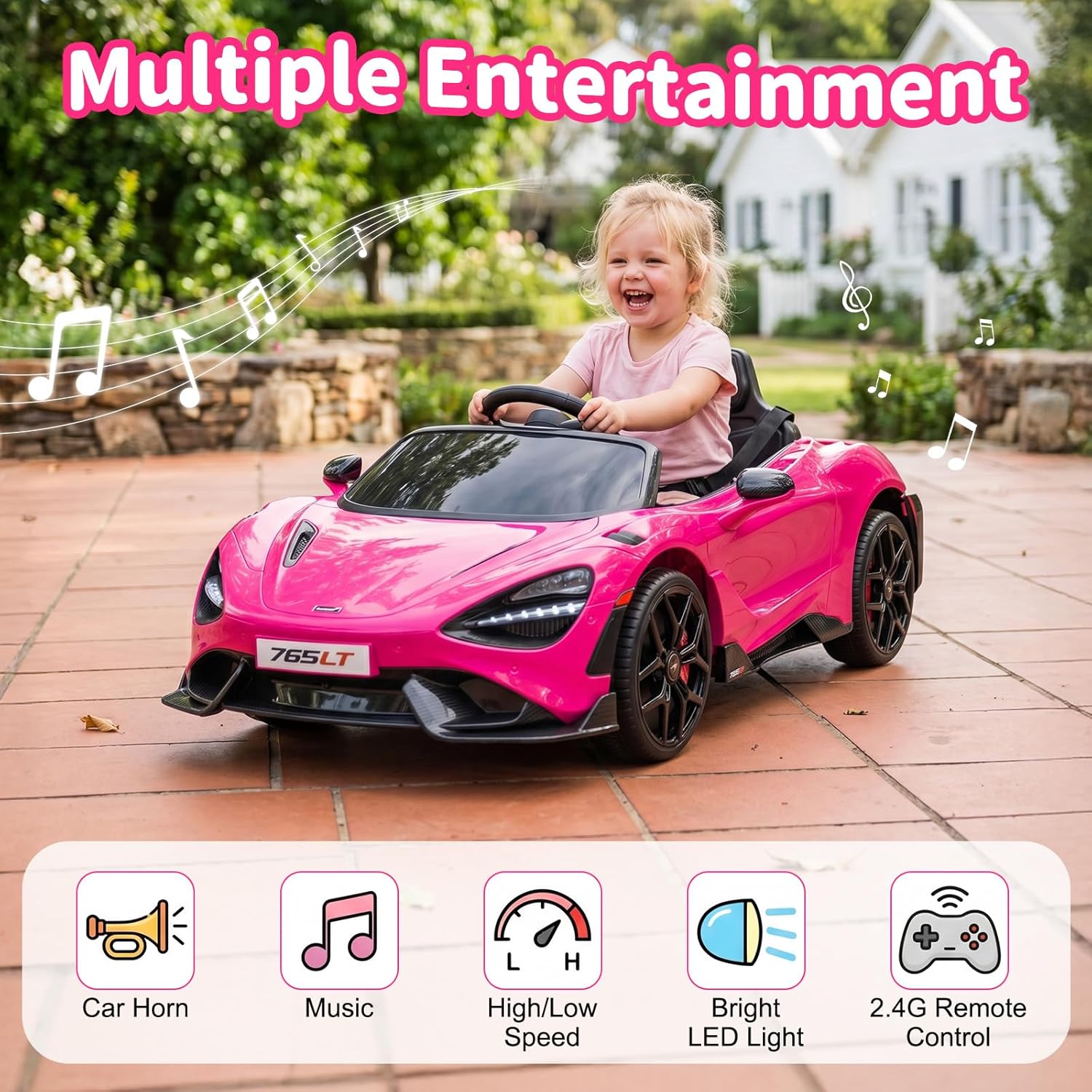 Kids Ride-on Car Licensed McLaren765LT for 3-6Years Old, Electric car 12V Battery Powered Electric Vehicle, w/Parent Remote, Music Player, LED Lights, Smooth Start, 3 Speeds, Pink