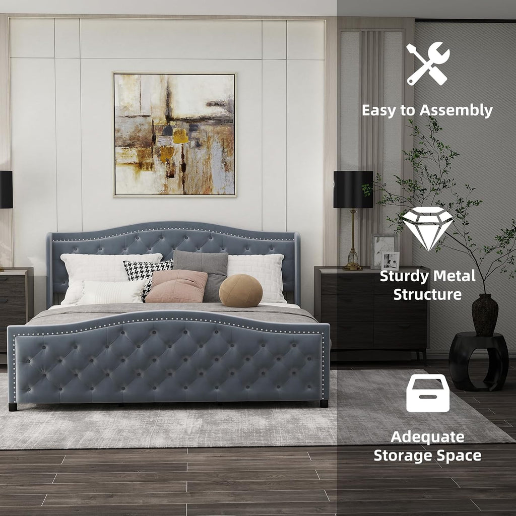 CANMOV King Size Upholstered Bed Frame with 4 Storage Drawers,Comfortable Fabric Platform Bed Frame with Wingback Headboard & Footboard,Wooden Slats Support,No Box Spring Needed,Dark Grey