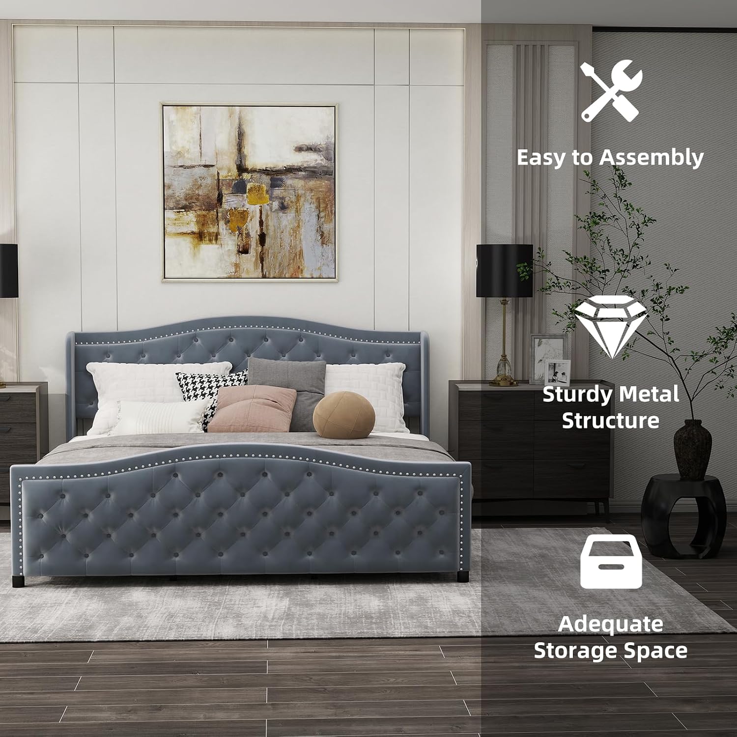 CANMOV King Size Upholstered Bed Frame with 4 Storage Drawers,Comfortable Fabric Platform Bed Frame with Wingback Headboard & Footboard,Wooden Slats Support,No Box Spring Needed,Dark Grey