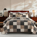 KALOOLA 100% Cotton King Size Quilt Set - Lightweight Farmhouse Quilted Bedspread with 2 Pillowshams for King Bed, Reversible Printed Plaid Design Bedding for All Season, Charcoal/Beige/Brown, 3Pcs