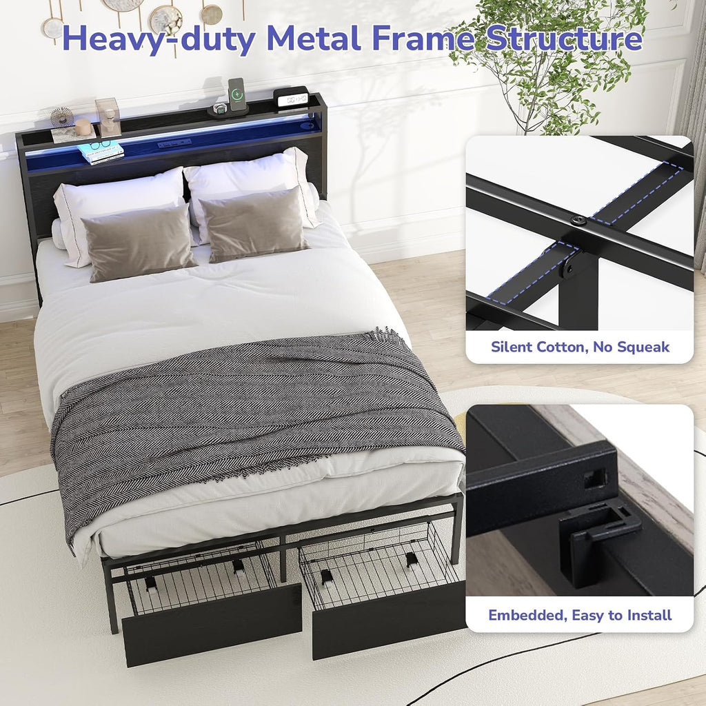 Zevemomo Full Size Bed Frame with 2 Storage Drawers, Bed Frame Full Size with Headboard, LED Light, Charging Station with 2 USB Ports & 2 AC Ports, No Noise, Black