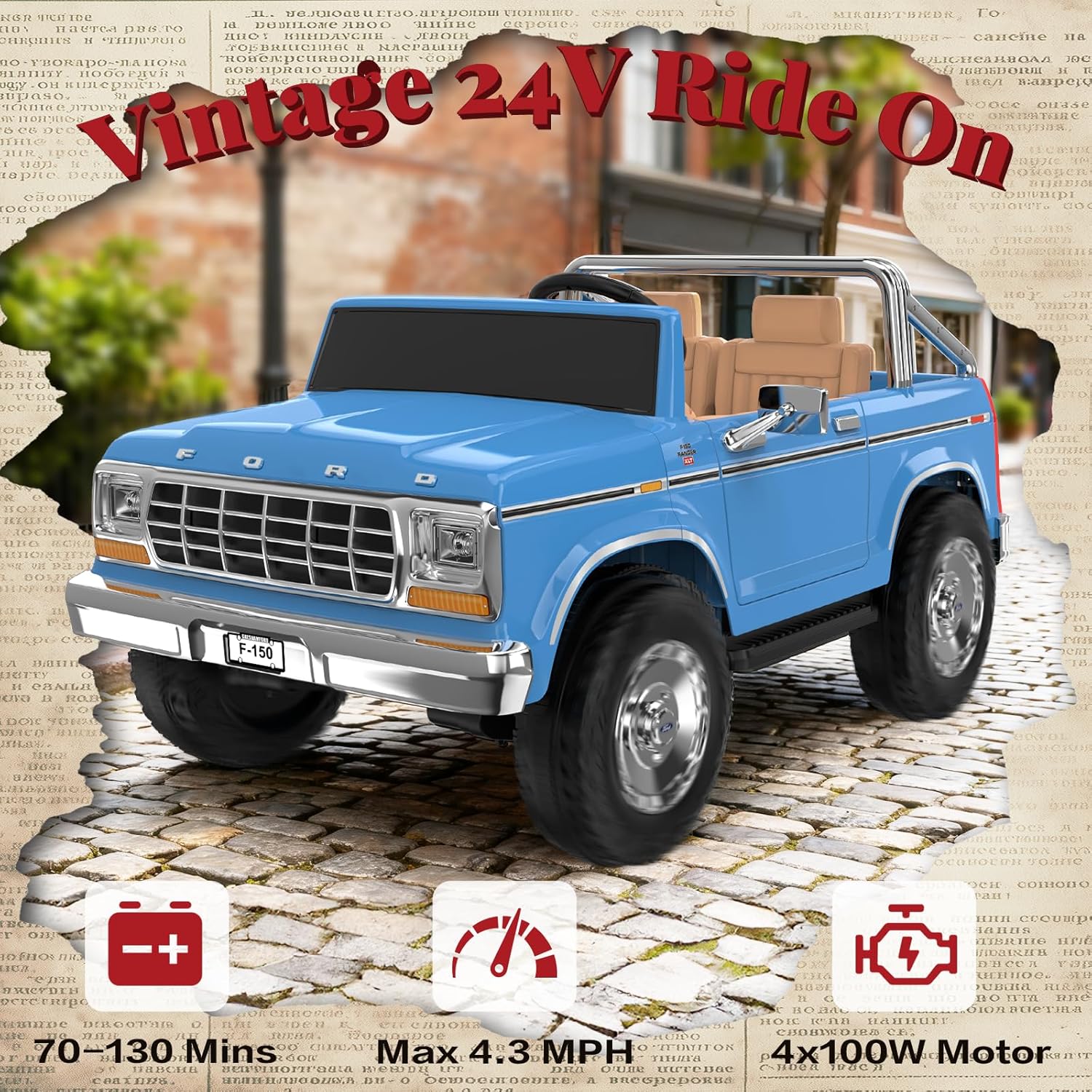 ANPABO Licensed Ford F-150 24V 2 Seater Ride on Car for Kids, 4x100W Motors for All-Terrain Electric Car with Parental Remote, Retro Style, 3-Speeds, Large Storage Box, Music Player, Aged 3-8, Blue