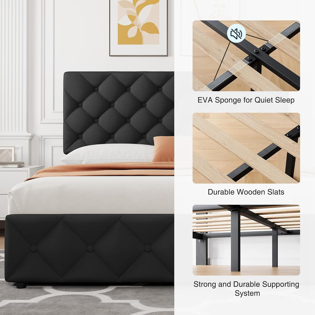 Full Size Bed Frame with 4 Storage Drawers, Linen Upholstered Platform Bed Frame with Headboard and Footboard, Wooden Slats Support, Diamond Stitched Button Tufted, No Box Spring Needed, Black