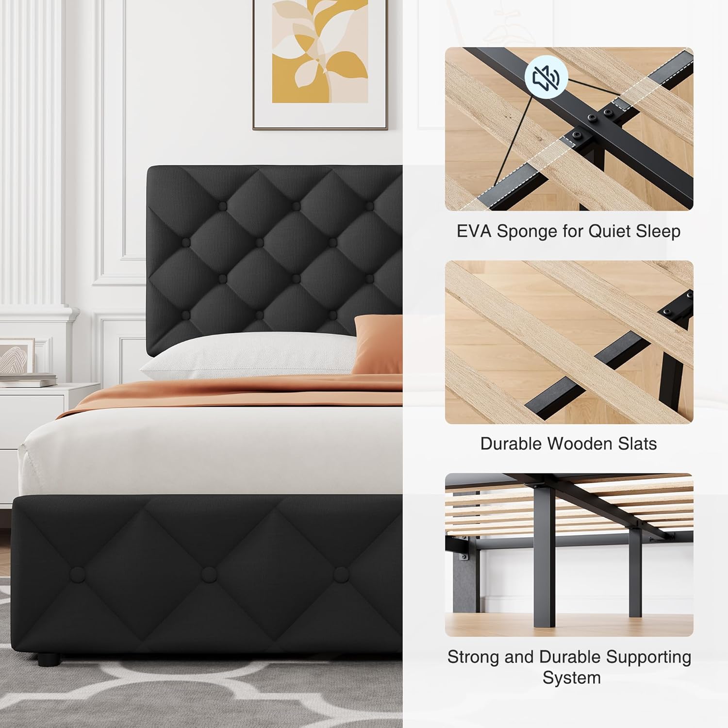 Full Size Bed Frame with 4 Storage Drawers, Linen Upholstered Platform Bed Frame with Headboard and Footboard, Wooden Slats Support, Diamond Stitched Button Tufted, No Box Spring Needed, Black
