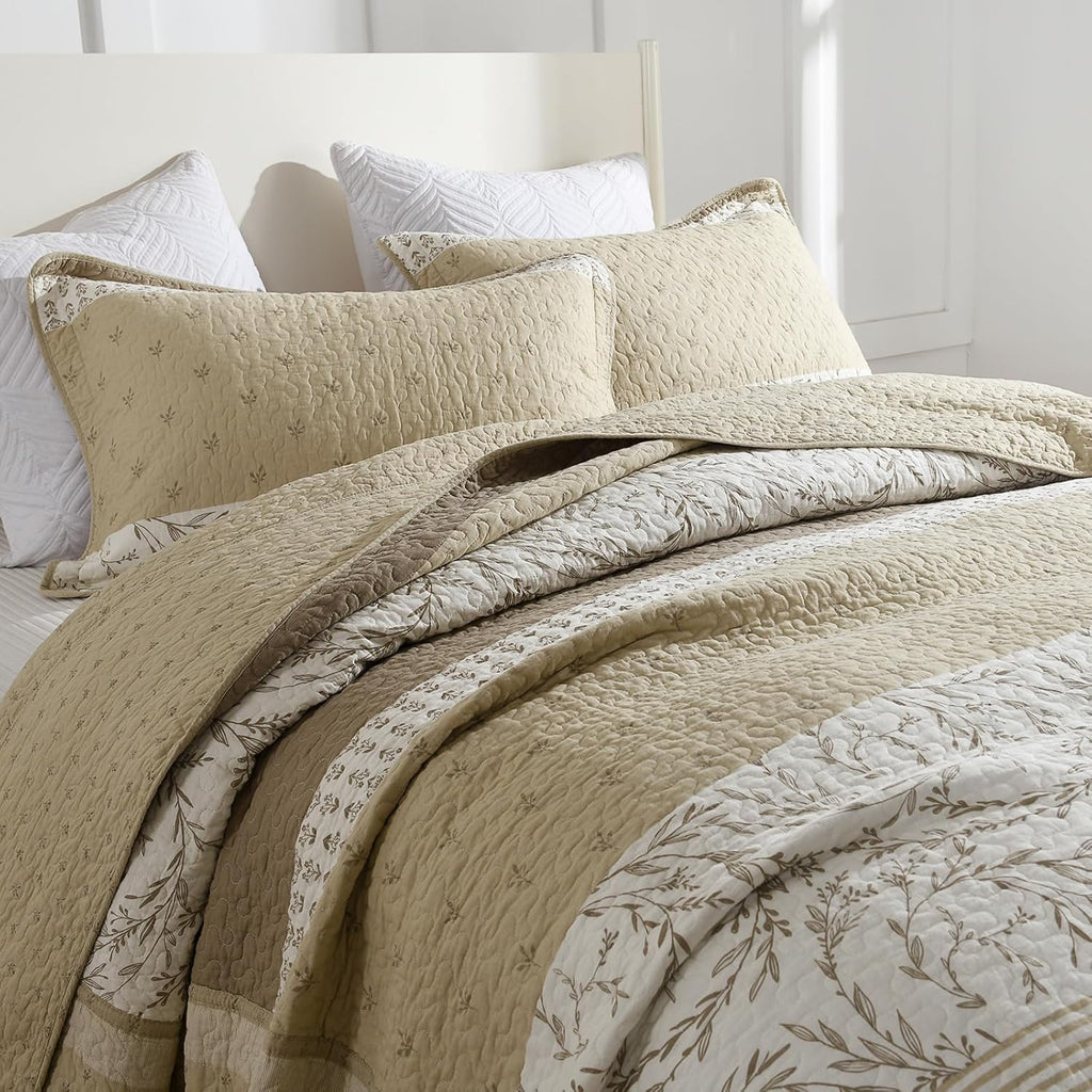 Finlonte 100% Cotton 120'x120' California King Bedspread, Cal King Size Quilted Bedspread Coverlet Extra Large Quilt Set, Floral Farmhouse XL Bed Spread Lightweight Comforter, Beige/Taupe/Cream, 3 pcs