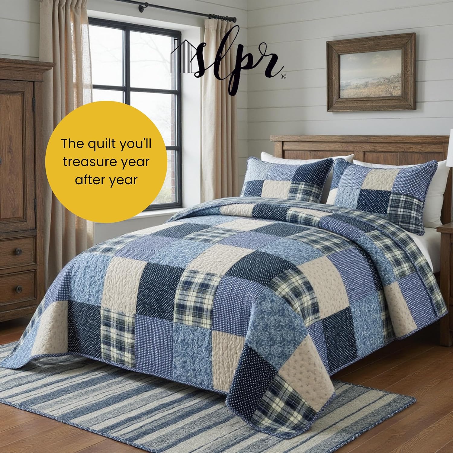 SLPR Blue Symphony Cotton Pieced Quilt Set - King with 2 Shams, Farmhouse Patchwork Quilted Bedspread with Check and Plaid Pattern, Lightweight and Cozy Country Checkered Bedding
