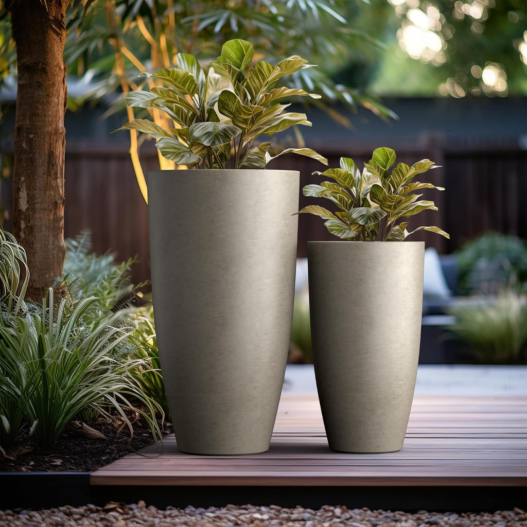 Kante 31.4' and 23.6' H Weathered Concrete Finish Concrete Tall Planters Large Outdoor Indoor Decorative Plant Pots with Drainage Hole and Rubber Plug, Modern Tapered Style for Home and Garden