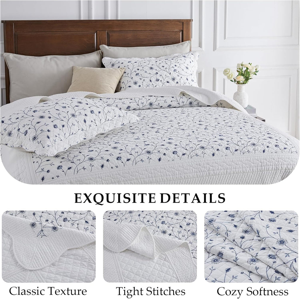 Floral Bedspread 120'x120' Oversized King Bedspread, 100% Cotton California King Quilt with 2 Pillow Shams, Lightweight Vintage Quilted Bedspreads Coverlet Sets, White/Blue, 3 Pcs