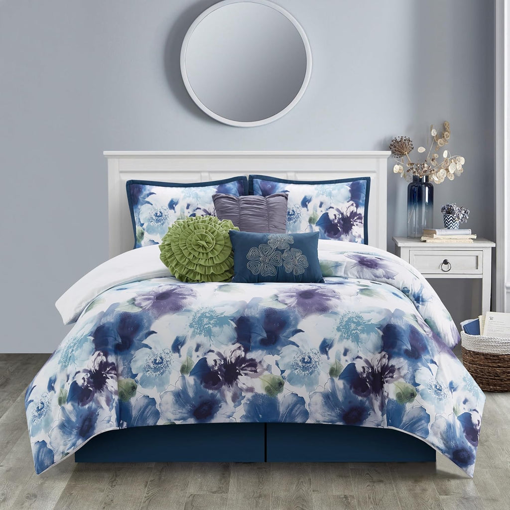 Stratford Park Colorful 7 Piece Comforter Set, Blue/Purple, Bed Size King, Wonderful, Matching Bedskirt, Pillows & Shams