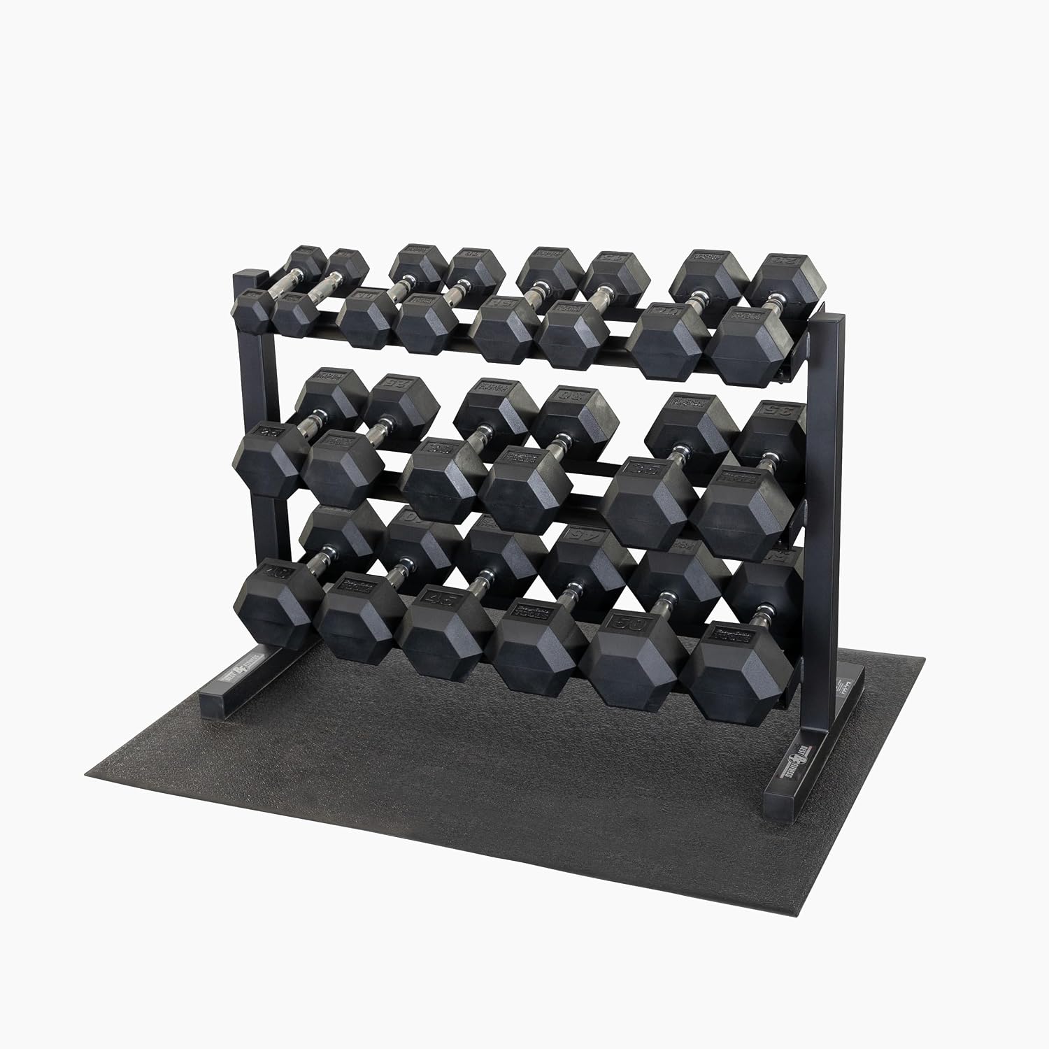 Body Solid Best Fitness (BFDR10-SET) 3-Tier Dumbbell Rack Set with 10 Pairs Rubber Coat Dumbbells 5-50 lbs and Vinyl Floor Mat, Rack Stand and Holder for Dumbbells, Home Gym Free Weight Rack Storage