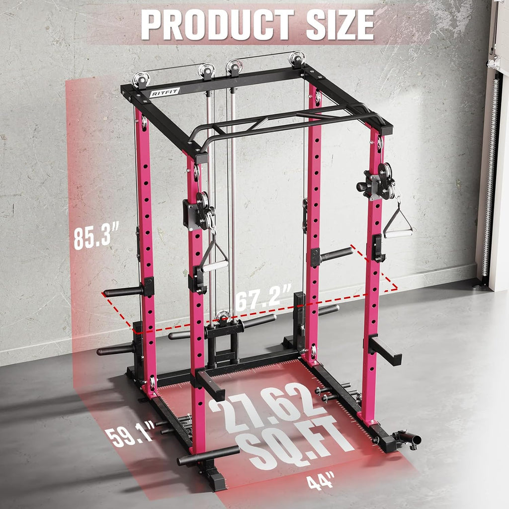 RitFit Multi-Function Garage & Home Gym Package Includes 1200LBS Power Cage PPC03/P3 with Cable Crossover System, Weight Bench, Olympic Barbell Weight Set, Full Body Workout