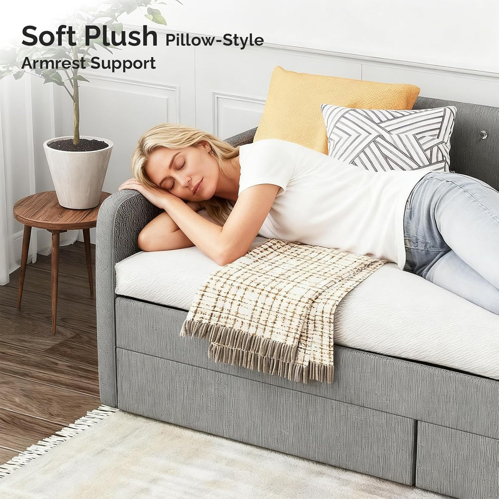 VINGLI Twin Size Daybed with 2 Storage Drawers and Pockets, Chenille Fabric with Diamond Buttons, Upholstered Comfy Sleeper Couch Sofa Bed for Living Room, Movie Room, Bedroom, Gray