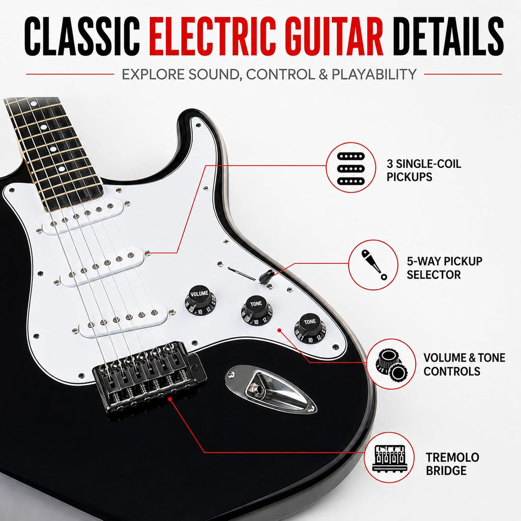 LyxPro 39 Inch Electric Guitar Beginner Kit, Full Size Right Handed Starter Set with 20W Amp, Gig Bag, Digital Tuner, Strap, Picks, Strings, Cable, Tremolo Bar, Black