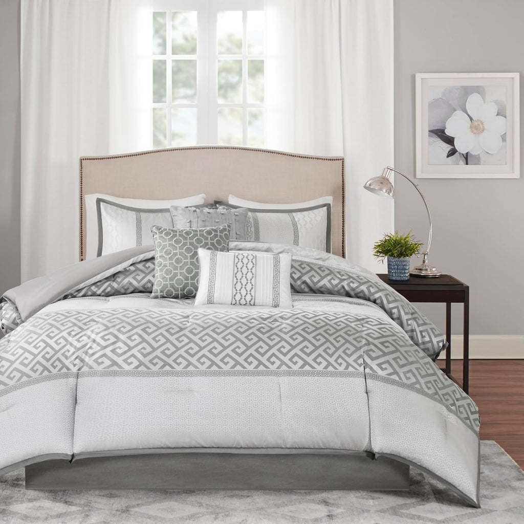 Madison Park Luxury Comforter Set-Traditional Jacquard Design All Season Down Alternative Bedding, Matching Bedskirt, Decorative Pillows, King(104'x92'), Bennett, Geometric Grey, 7 Piece