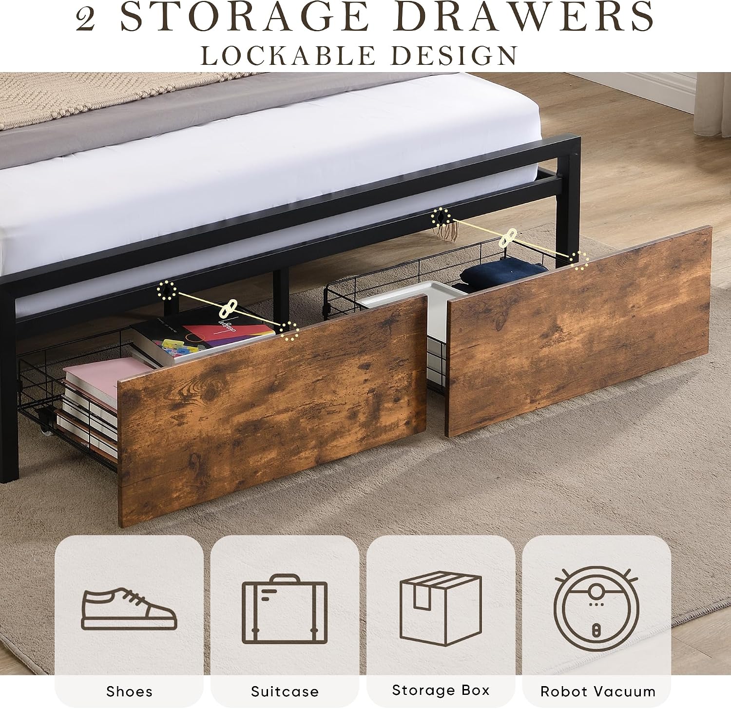 Queen Size Bed Frames with Storage Headboard and Drawers, LED Platform Bed Frame Queen Size, LED Upholstered Bed Frame with Charging Station, No Box Spring Needed, Easy Assembly,Grey