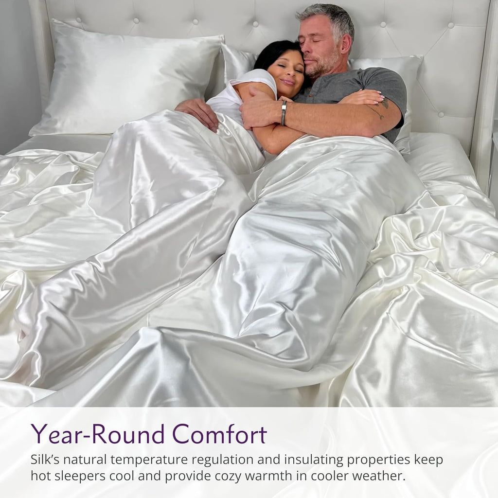 Mulberry Park Silks - 22 Momme 100% Mulberry Silk Sheets - Queen Size Bed Set - 16' Pocket - Luxurious Bed Sheets & Pillowcases, Skin-Friendly & Breathable - Charmeuse Silk for Hair Care - Ivory