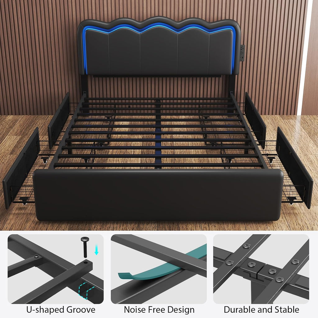 Queen Size Bed Frame with 4 Storage Drawers and LED Lights, Upholstered Platform Bed with Adjustable Chic Double Wavy Headboard, Charging Station, Metal Slats Support, No Box Spring Needed, Black