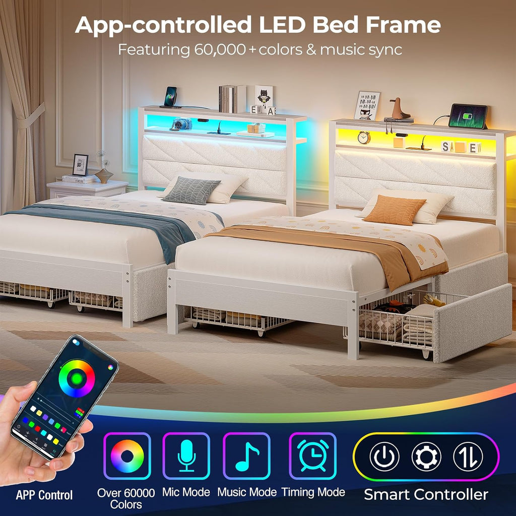 Seventable Twin Bed Frame with 4 Storage Drawers, Charging Station & LED Lights, Upholstered Headboard with 2-Tier Shelves, Metal Platform Bed, No Box Spring Needed, Noise-Free, White