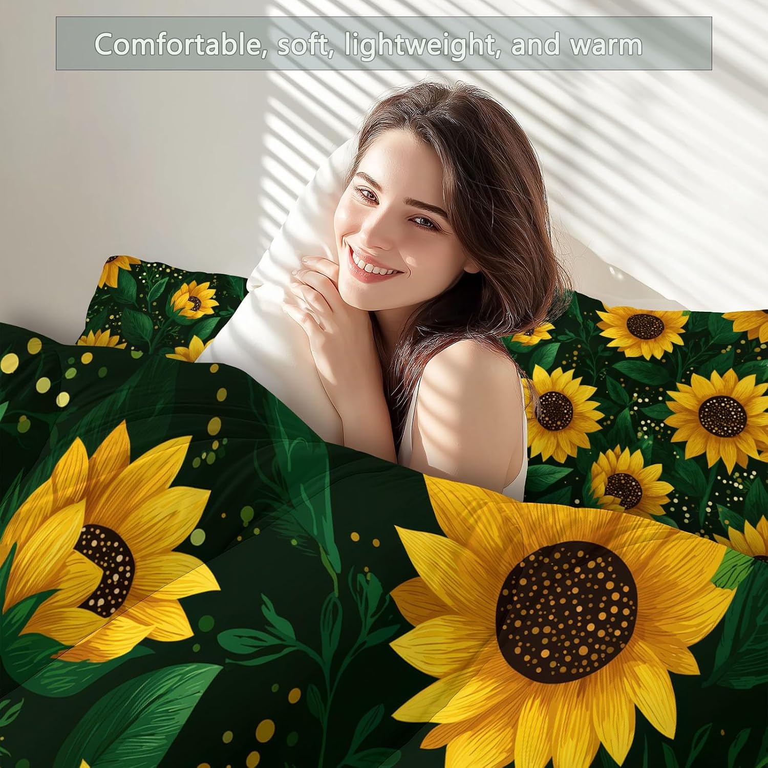 Comforter Set King with 2 Pillowcase, Hand Drawn Sunflower Petals 3 Pcs Quilted Bedding for Kids and Adults, Soft Fluffy Breathable Microfiber Dark Green Comforter for Bedroom Decor