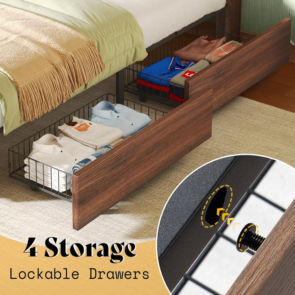 AMERLIFE King Size Farmhouse Bed Frame with 4 Drawers, Wooden Storage Bed Frame with Headboard and Heavy Duty Metal Slats, Noisy Free, Easy Assemble, Rusric Brown