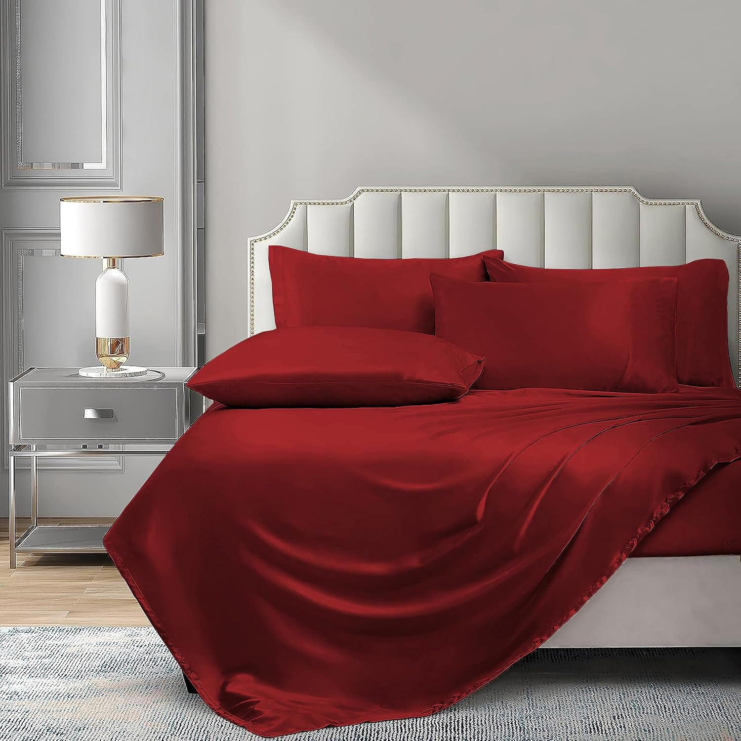 6 Piece Mulberry Silk Sheet Set Queen Size (60x80)+ Upto 16 Inch Deep Pocket Burgundy Color Smooth Soft and Silk Bed Sheets Queen Size Bedding Set