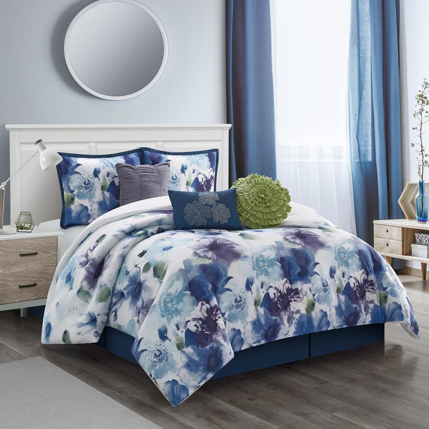 Stratford Park Colorful 7 Piece Comforter Set, Blue/Purple, Bed Size King, Wonderful, Matching Bedskirt, Pillows & Shams