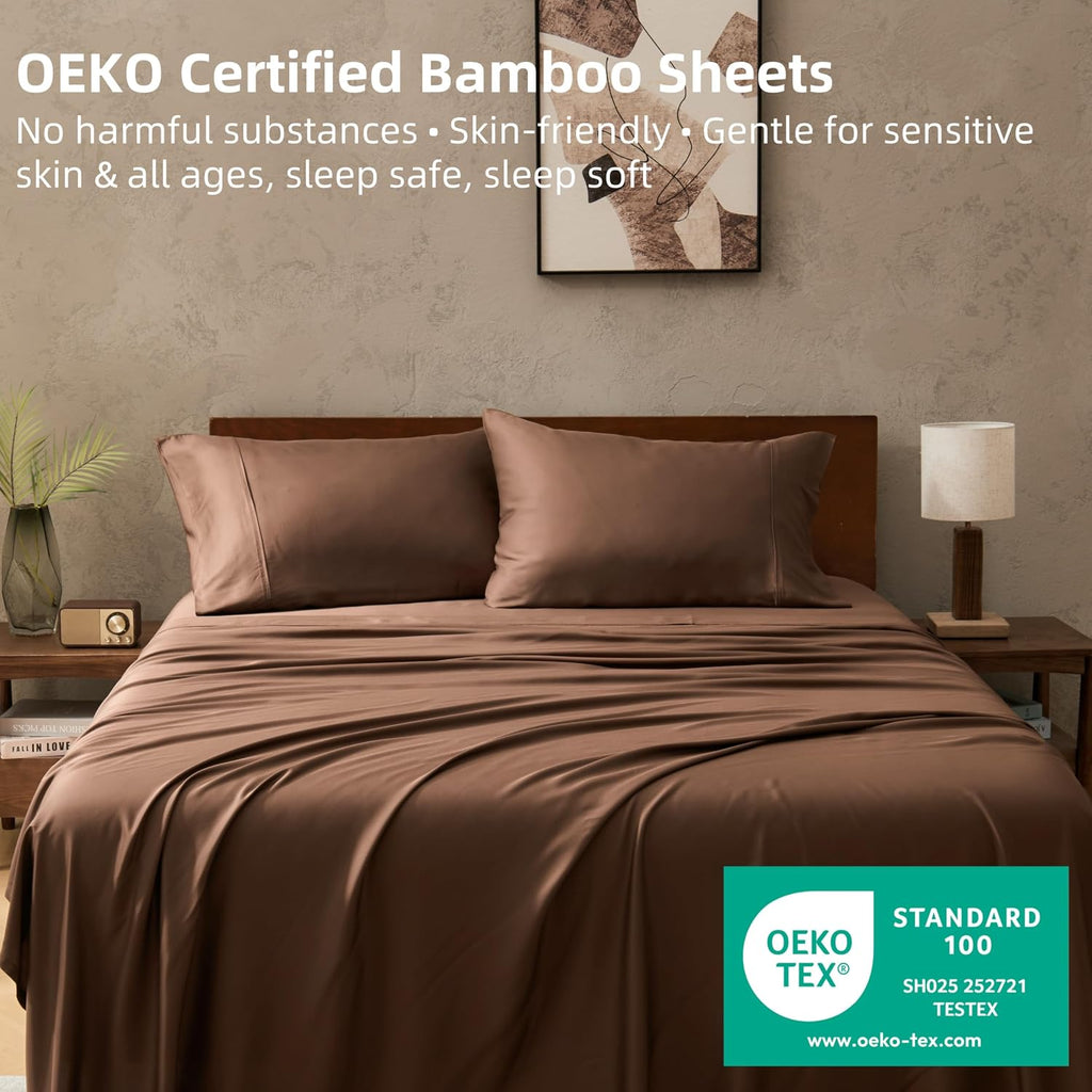 GOKOTTA 4-Pcs King Size Sheets Set, 100% Rayon Derived from Bamboo, 16 Inch Deep Pocket King Sheets with Elastic Corner Straps, Cooling Sheets for Hot Sleepers - Silky Soft & Breathable - Cocoa Brown